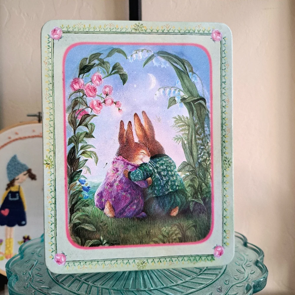 Susan Wheeler Collectible Sweet Bunny Couple In The Moonlight Tin Metal Box Lid